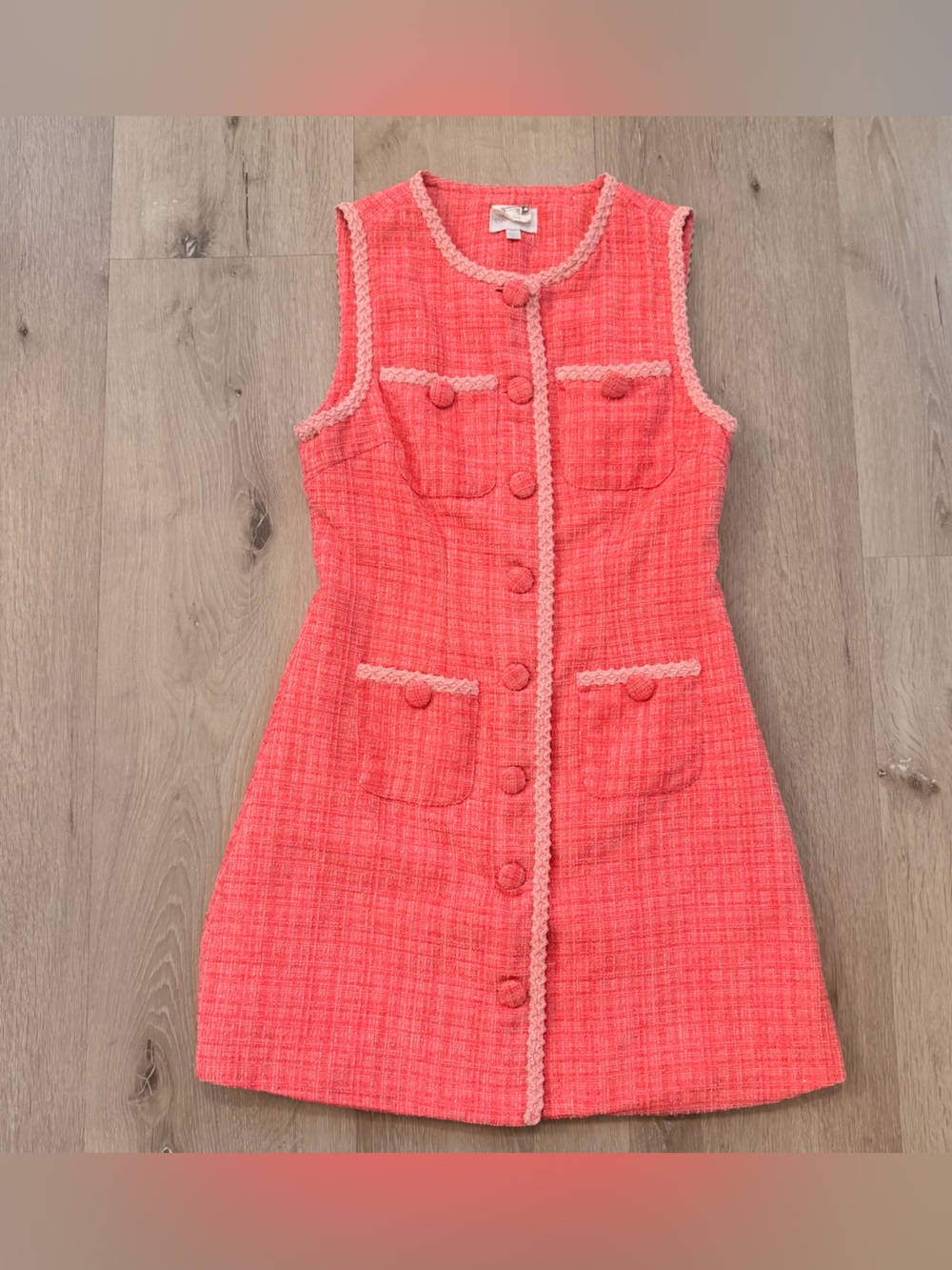 Vintage Coral Pink Tweed Button-Front Shift Mini Dress